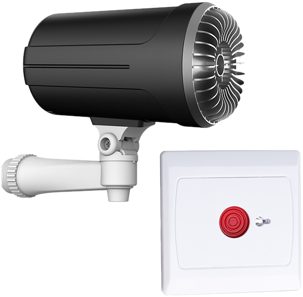 Générateur Pro Series J1 noir sur son support orientable, avec bouton panique mural